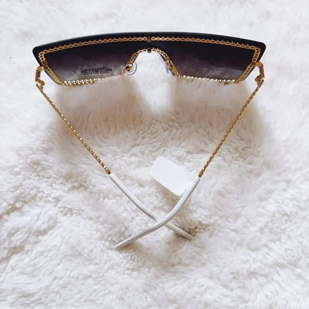 Christine Black Two Tone White Chain Oversized Shield Sunglasses